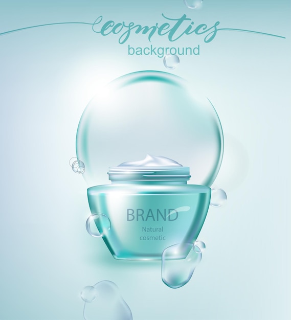 Prodotti cosmetici bianchi con goccia d'acqua su sfondo ciano sfondo di bellezza e cosmetici