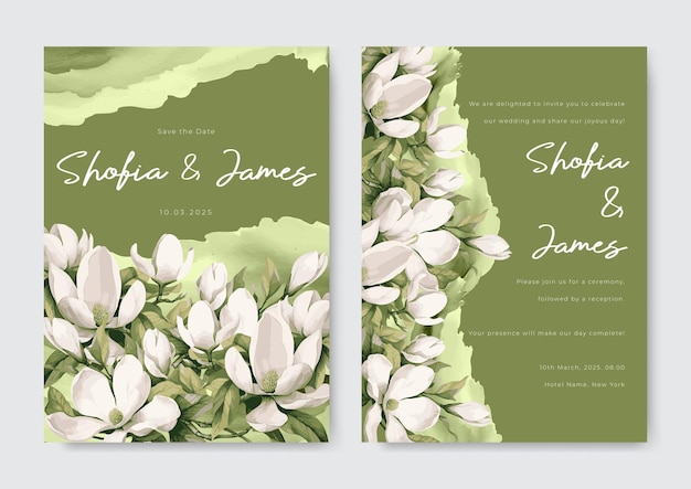 White cosmos flower wedding invitation template watercolor with floral