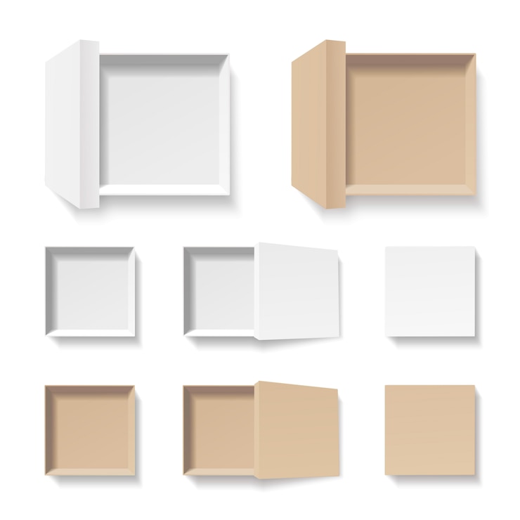 Vector white and craft open boxes set. empty cardboard container template. 3d top view. blank space inside recycle pakage mockup. closeup realistic object.