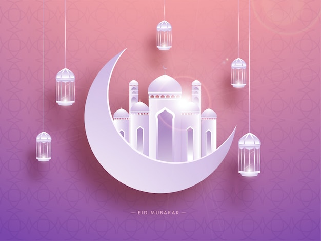 Vector white crescent moon, mosque and hanging lanterns on pink background. islamic festival of celebration, eid mubarak concept.