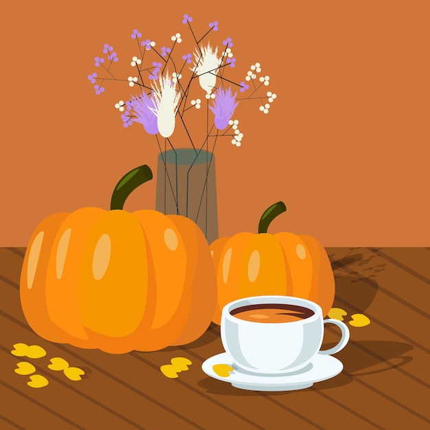 Vector a white cup of drinks with orange pumpkins vase with flowers and yellow leaves in flat