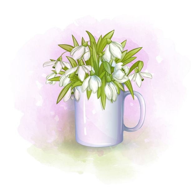 春のスノードロップの花束と白いカップ。穏やかな水彩画