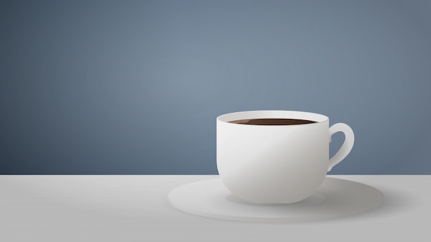 A white cup with coffee stands on a light table. Espresso on a gray background. Picture with space for text. Good for coffee theme.