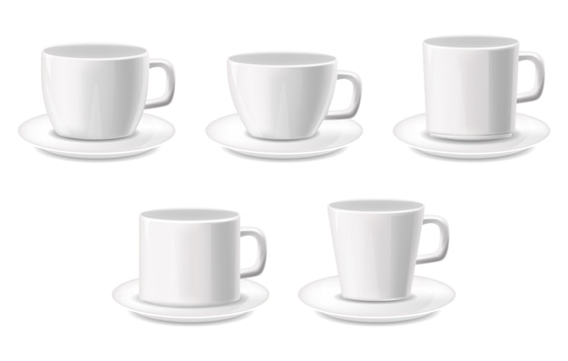 Vector white cups isolated realistic set, package, coffee cups, white background