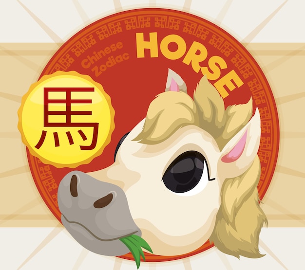黄色のラベルの頭に白いかわいい馬があり、中国の黄道帯の丸いボタンで草を噛んでいます
