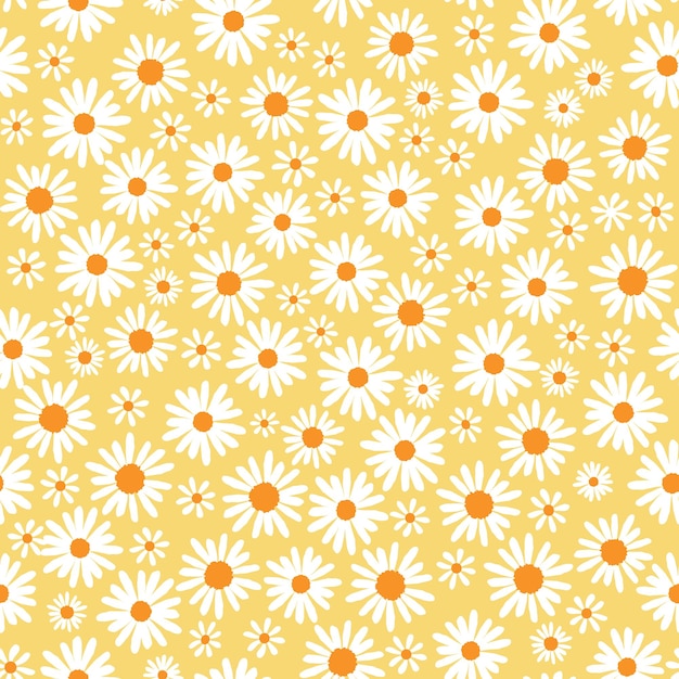 Vector white daisies on yellow seamless vector pattern, great for kids products, textile, packaging