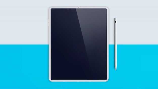 白いデジタルタブレット画面のモックアップ。モダンなゴールドのタブレットとペンのモックアップ。