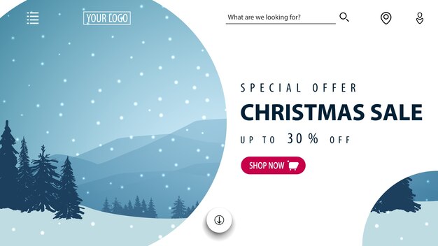 white discount banner for website with winter landscape