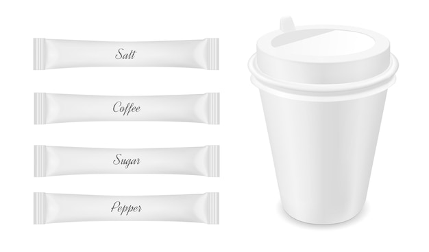 Vector white disposable packaging for sugar and coffee paper coffee cup