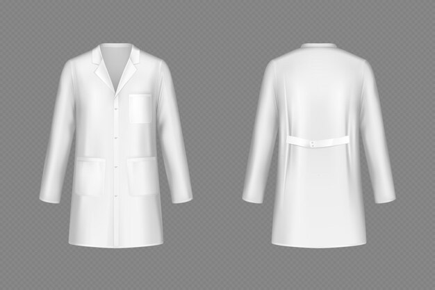ベクトル 透明な背景に分離された白いドクター コート医療制服ベクトル現実的な研究室の衣装の正面図と背面図のモックアップ医学専門職ナース スーツ医師ローブの服