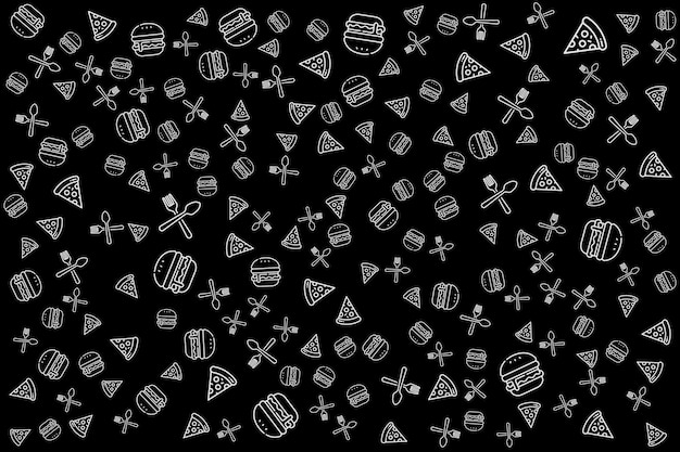 White doodle vegetables and fruits isolated on blackboard seamless pattern.