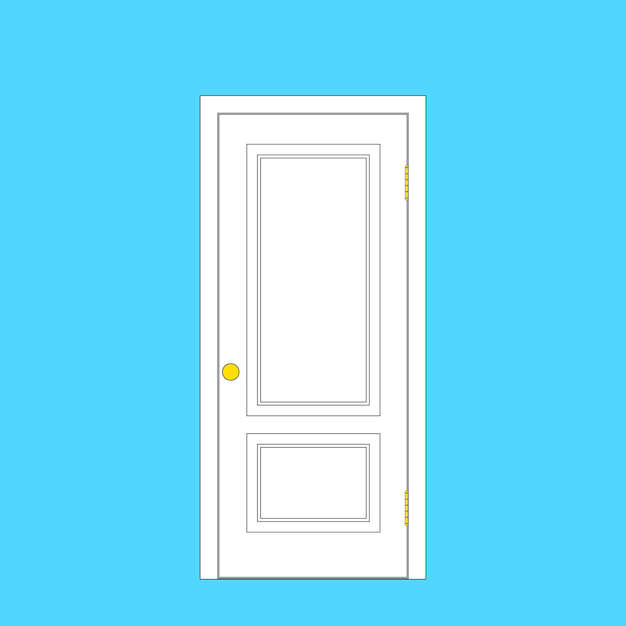 White door with a golden round handle Interior or entrance door on hinges with a white door box