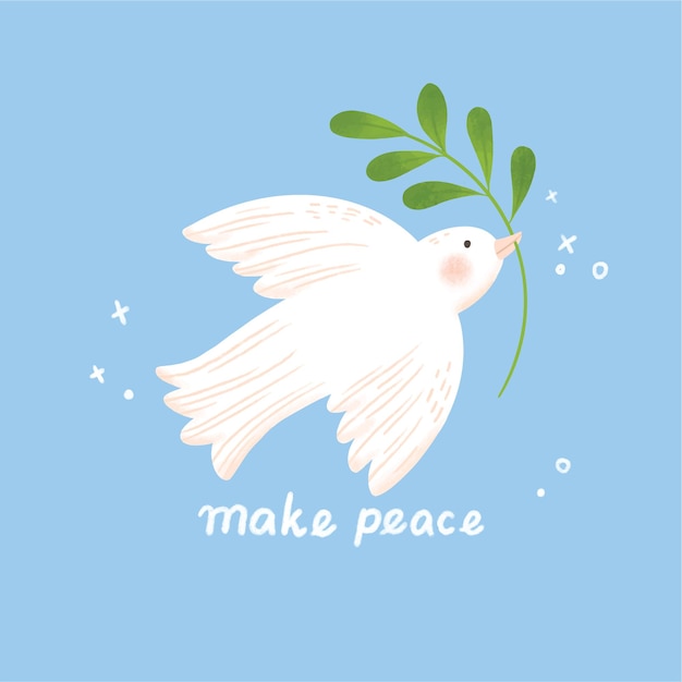 Vector white dove biting peace olive branch leaf doodle vector illustration