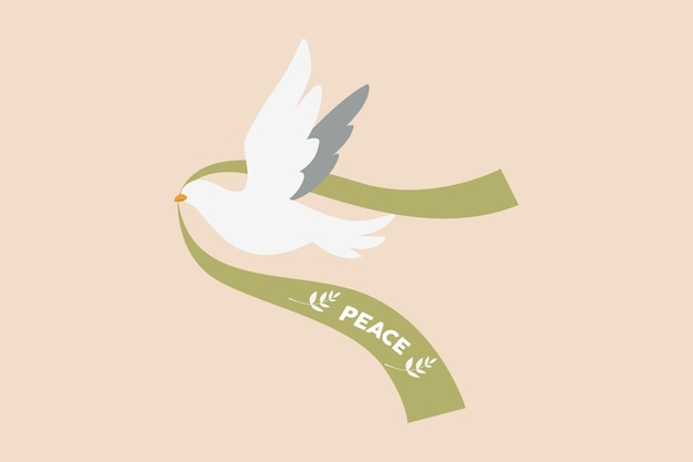 平和リボンを保持している白い鳩平和の日のコンセプト色付きフラットグラフィックベクトルイラスト