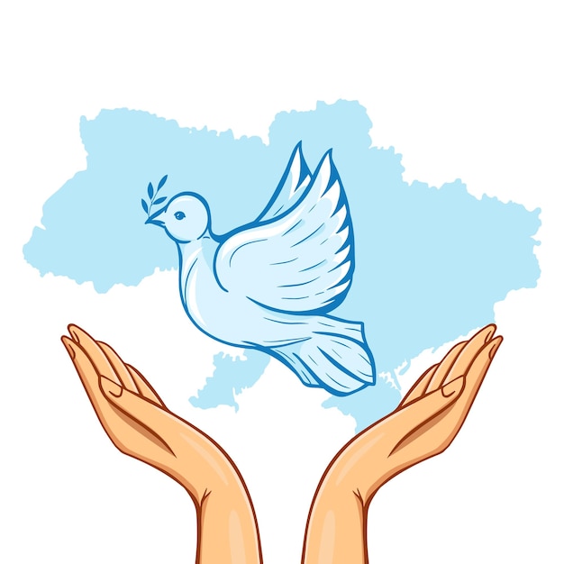 White Dove Symbol of Peace over Raised Human Arms