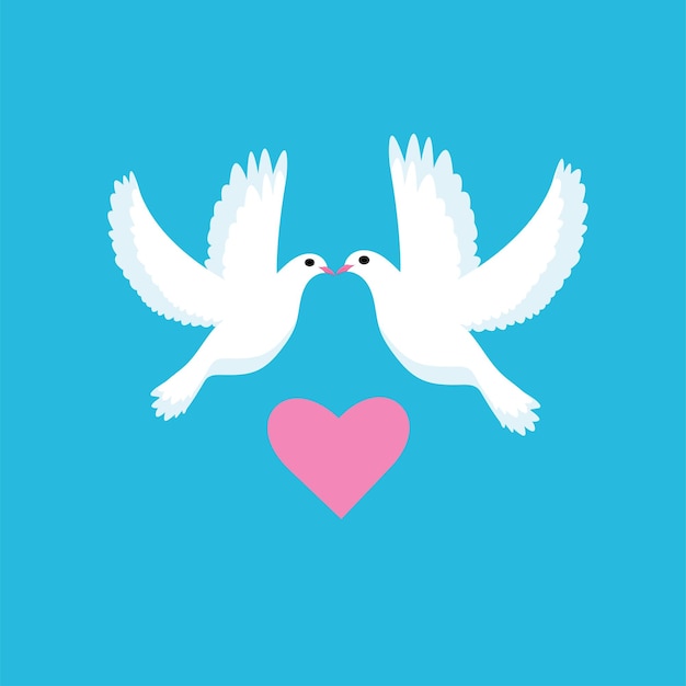 Vector white doves kissing on a blue background and a pink heart