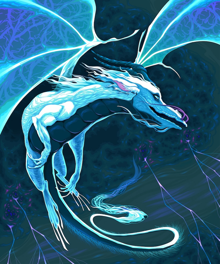 Vector white dragon flying in the storm