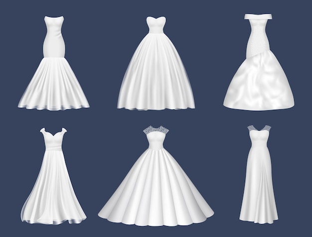 white dresses wedding clothes for beauty woman fashion dresses for brides evening party decent vector realistic pictures