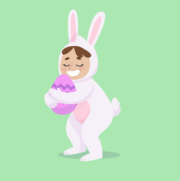Vettore coniglietto pasquale bianco. un bambino in costume da coniglio caccia le uova per pasqua