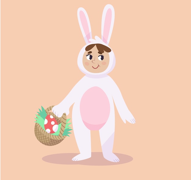 Coniglietto pasquale bianco. un bambino in costume da coniglio caccia le uova per pasqua