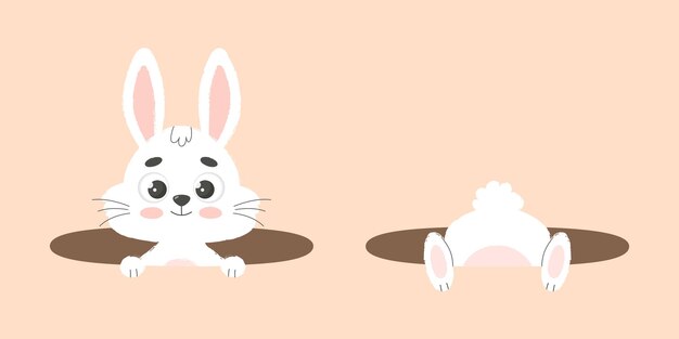 White easter bunny in hole Trendy vector illustration