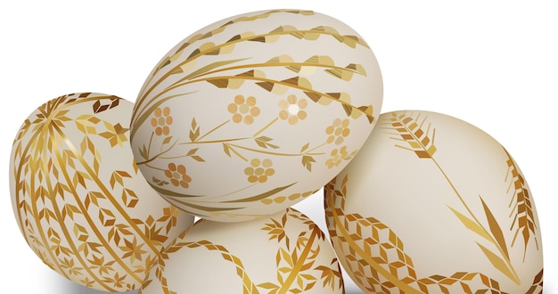 Uova di pasqua bianche con motivo ornamentale su sfondo bianco
