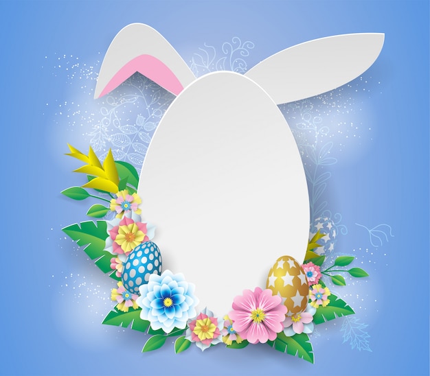 White easter   frame with paper flower on blue background