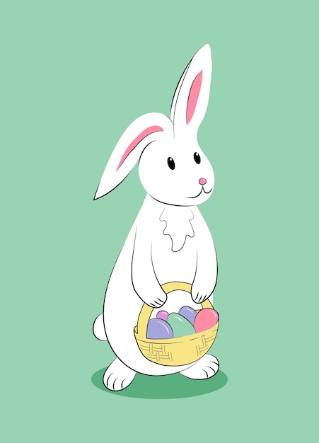 Белый пасхальный кролик и корзина с крашеными яйцами