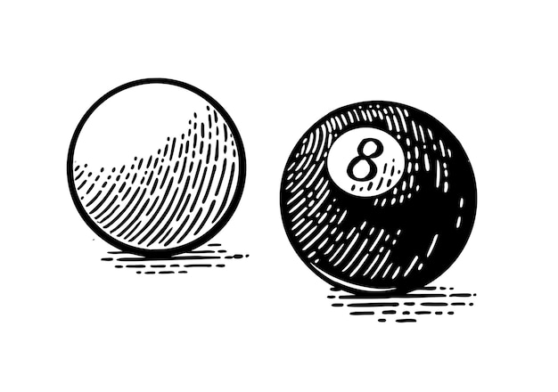 White and eight billiard balls with shadow Vintage black engraving illustration for poster web Isolated on white background