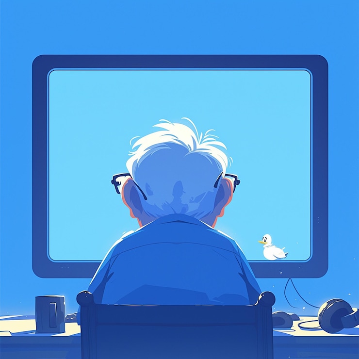 Vector white elderly man watching tv
