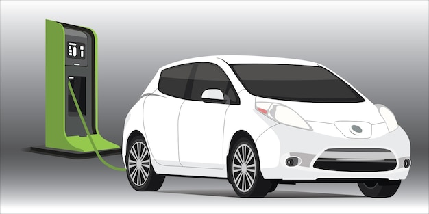 충전소에 있는 색 전기차 EV 차량 배터리는 전기를 공급받습니다.