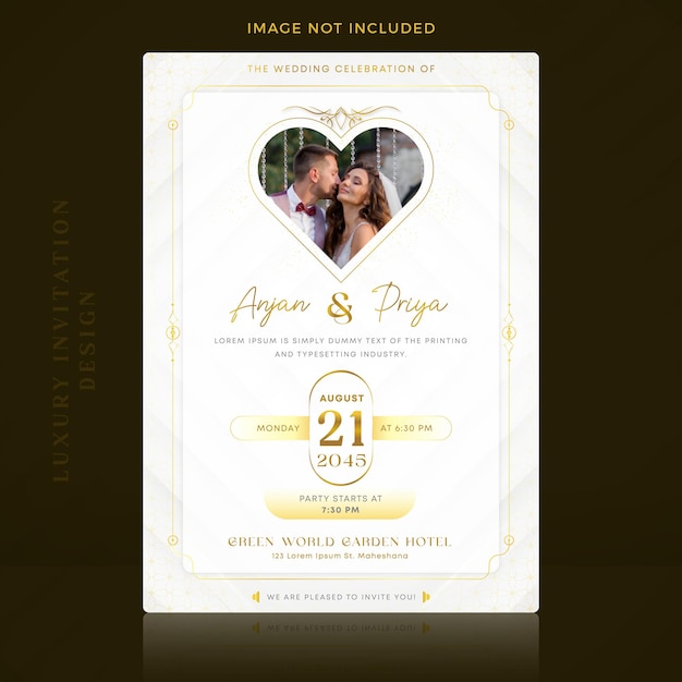 White Elegant Wedding invitation Template Design with Heart Shape Couple Image