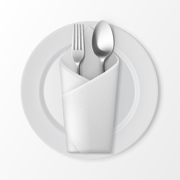 Vector white empty flat round plate with silver fork and spoon and white folded envelope napkin top view isolated on white background. table setting