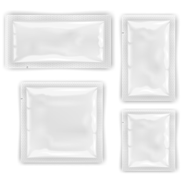 White empty foil, plastic packaging for cosmetics and food vector templates, design mockups sealed p