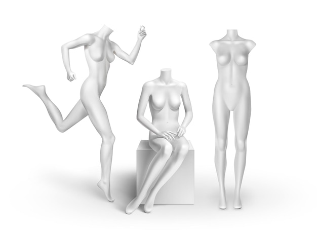 Vector white empty mannequins: standing, running, sitting isolated on white background