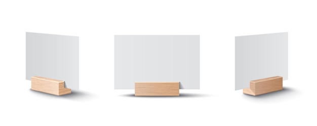 Vector white empty place cards on wooden holder from three different angles   realistic mockup isolated vector illustration