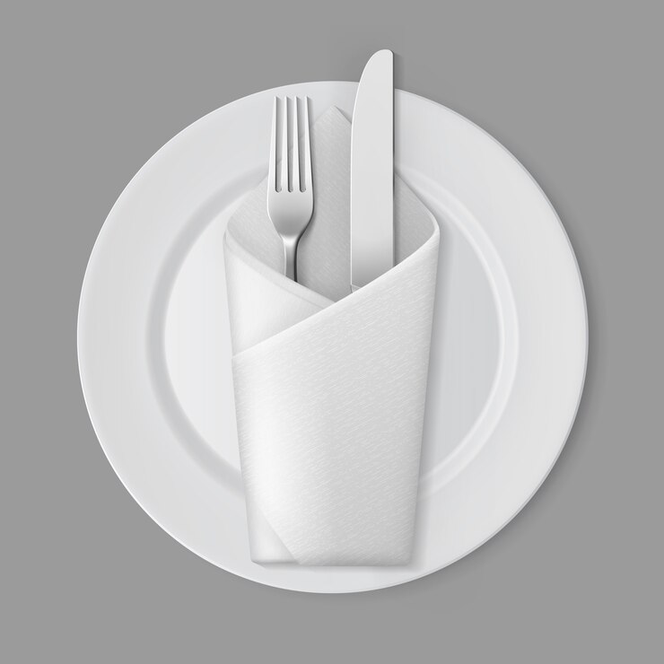Vector white empty  round plate silver fork knife envelope napkin