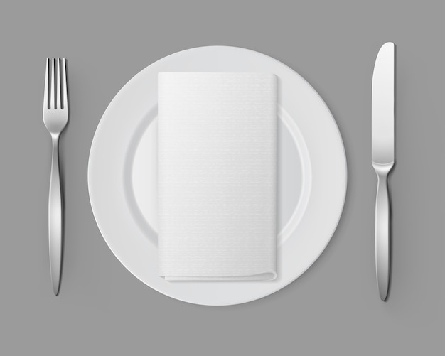 Vector white empty  round plate silver fork knife rectangular napkin