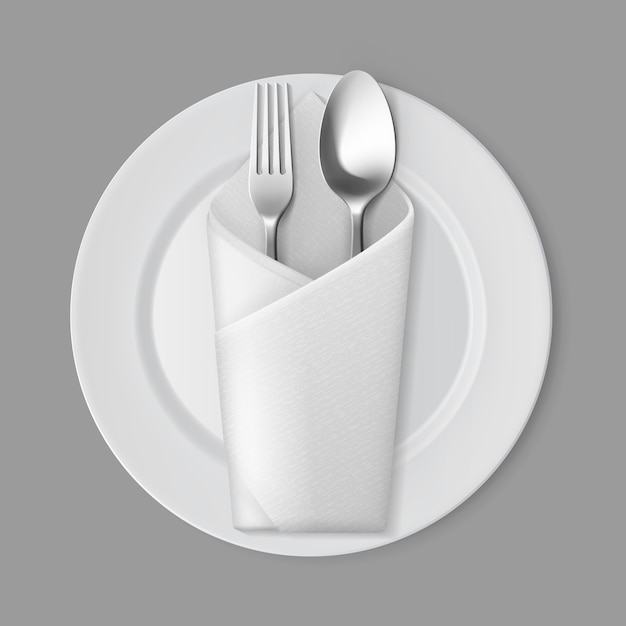 Vector white empty  round plate silver fork spoon envelope napkin