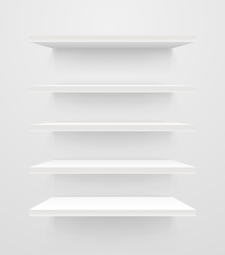 Vector white empty shelves on white wall. vector mockup