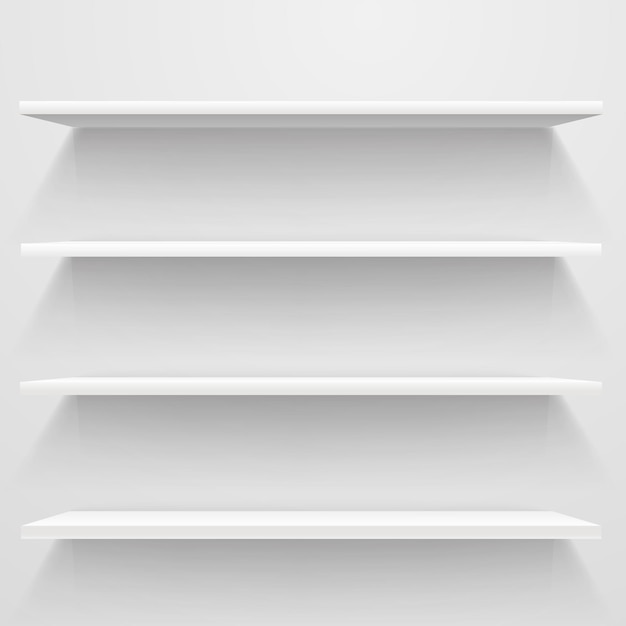 White empty shelves on white wall. vector mockup