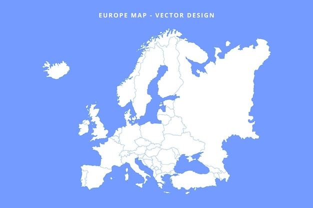 Mappa bianca dell'europa con i paesi delineati su sfondo blu mappa dell'europa per presentazioni manifesti