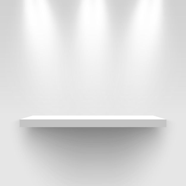 Vettore stand espositivo bianco, illuminato da faretti. piedistallo. scaffale rettangolare.