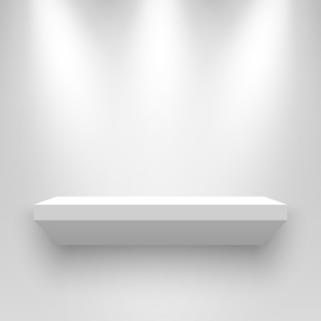 Vector white exhibition stand, illuminated by spotlights. pedestal. shelf.