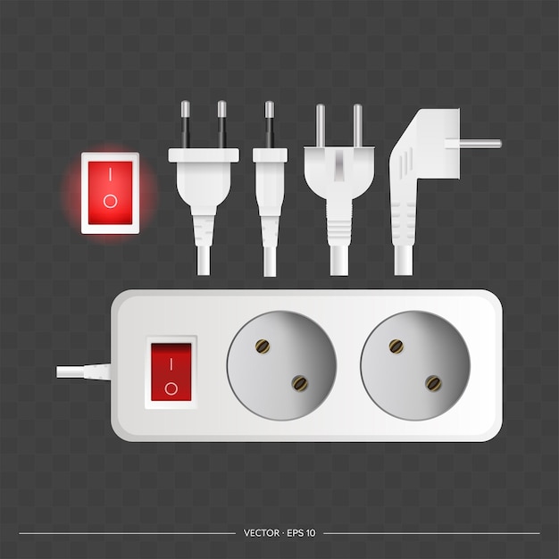 White extension cord with two outlets. Portable socket. Realistic style. Vector.