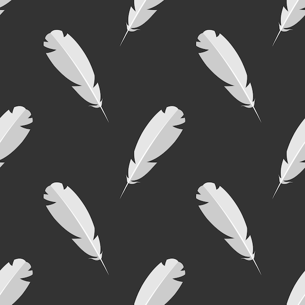 White feathers on black background vector seamless pattern