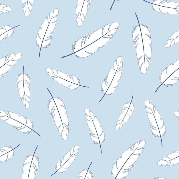 White feathers on blue background vector seamless pattern.