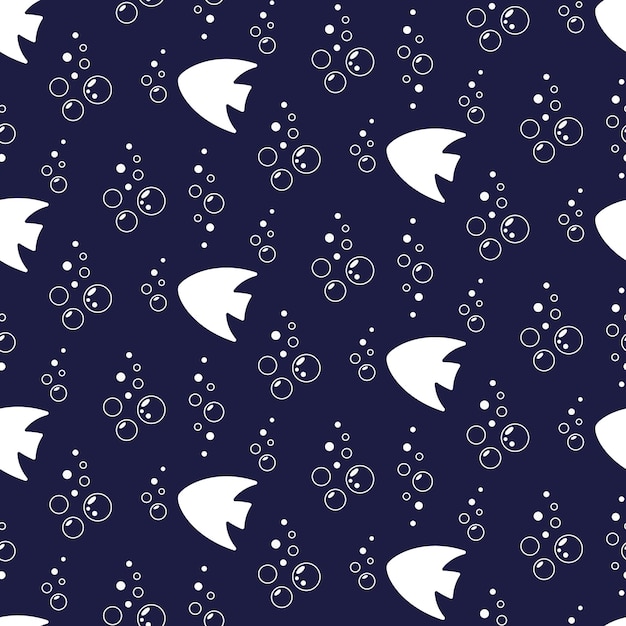 Vector white fishes and bubbles on dark blue background vector seamless pattern marine underwater life