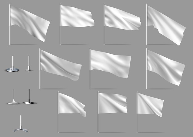 White flags Realistic 3d empty flag mockup Vector