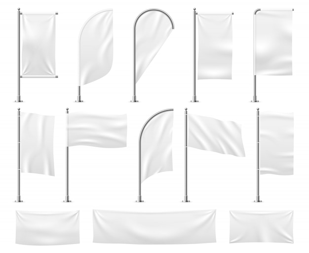 White flags set. Blank banner mockup empty waving fabric canvas poster pennant beach advertising flag   template